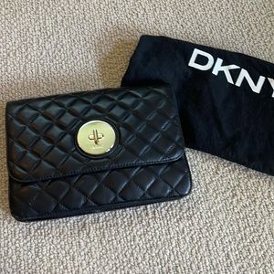 DKNY Quilted Flap Black Clutch with Crossbody Strap